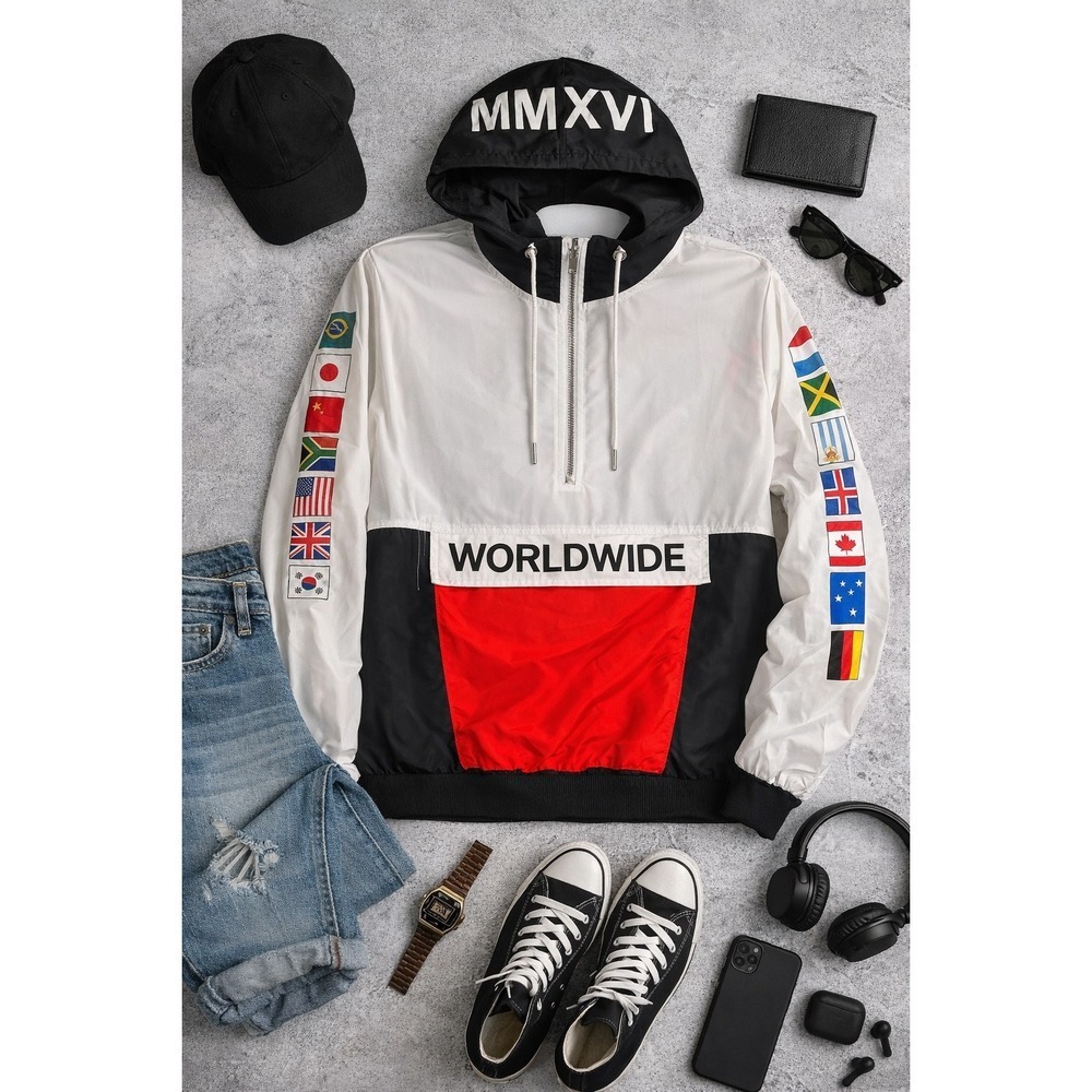 Forever 21 Men Worldwide Flag Windbreaker Quarter Zip Anorak MMXVI White Black M